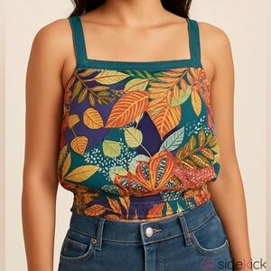 Cynthia Rowley Tropical Print Sleeveless Blouson Smocked Waist Crop Top Size M